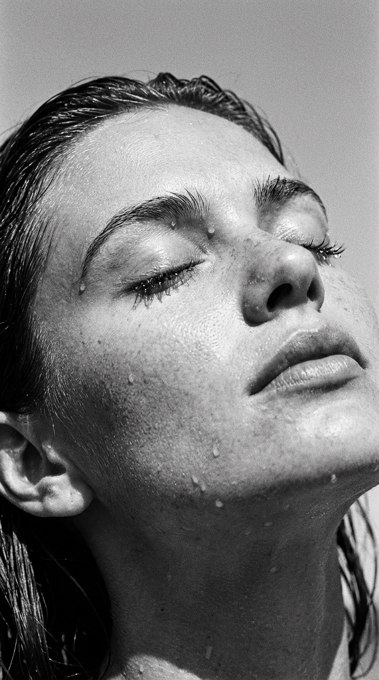 A black and white close-up of a person's face tilted up with eyes closed and water droplets.