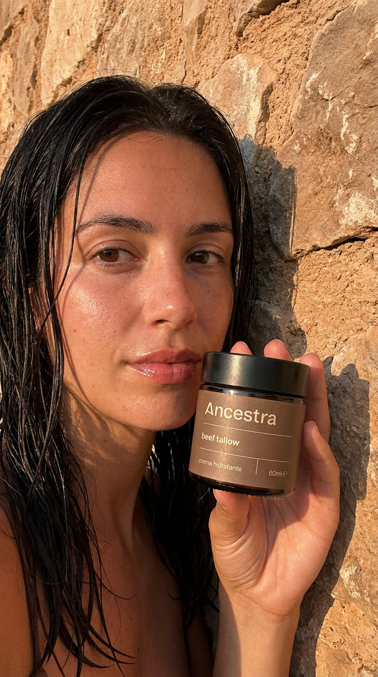 A woman with wet hair holds a jar of Ancestra beef tallow cream against a rock wall.