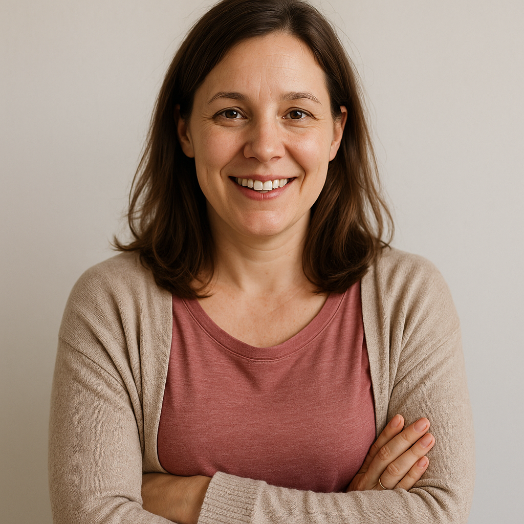 Smiling woman with brown hair in a pink shirt and beige cardigan.