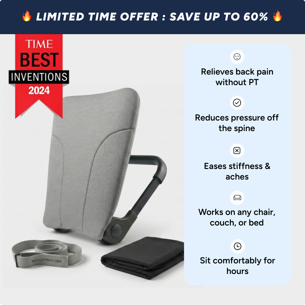 An advertisement for a gray back support product with a list of its benefits and a 'Time Best Inventions' badge.