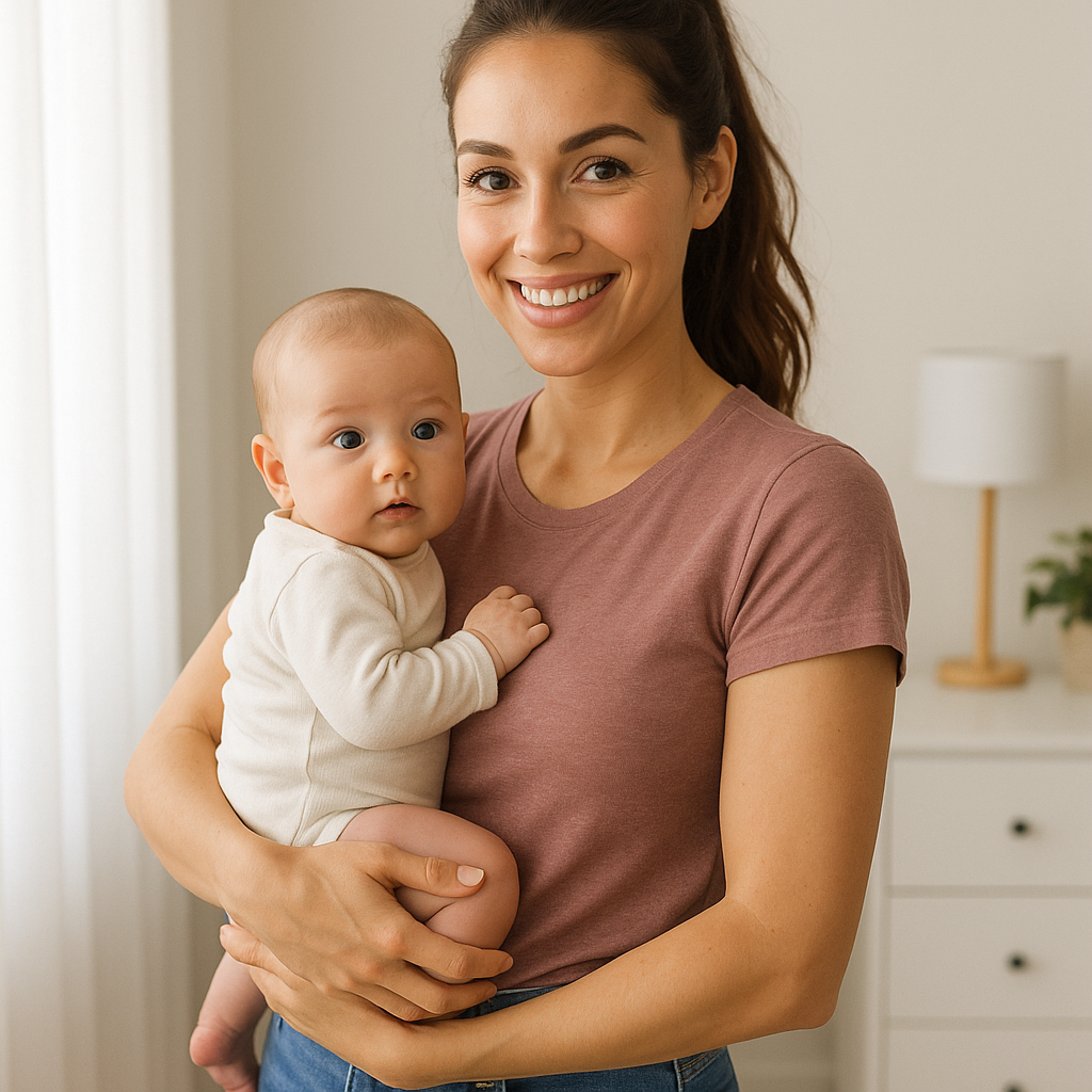 A woman holding a baby in a warmly lit room.