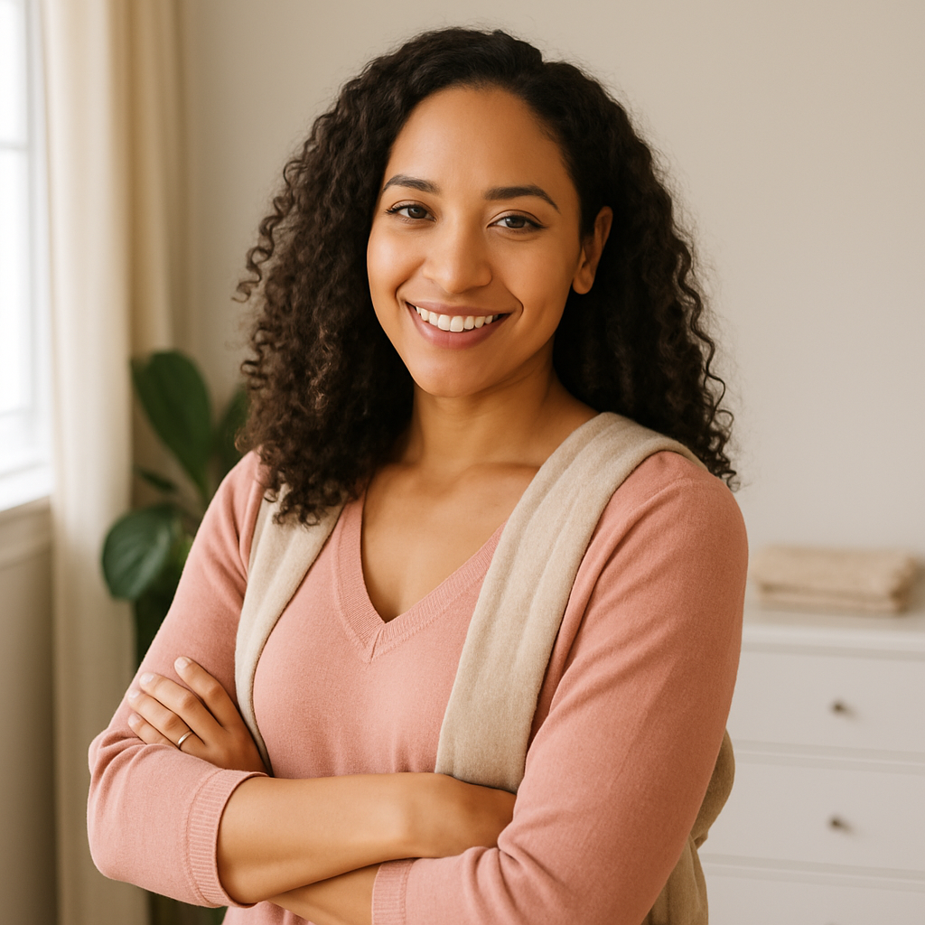 Smiling woman with curly hair, wearing a pink sweater, standing in a bright room.