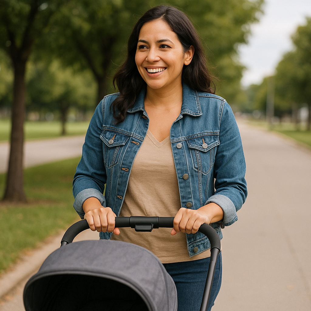 Person smiling while pushing a stroller on a tree-lined path.