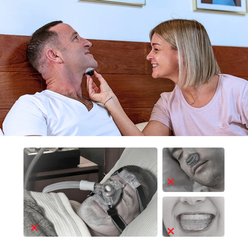 Woman applying a device to a man's chin, with images of sleep aids below.