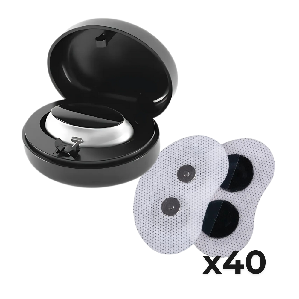 Black case with a device inside and two adhesive pads labeled 'x40'.