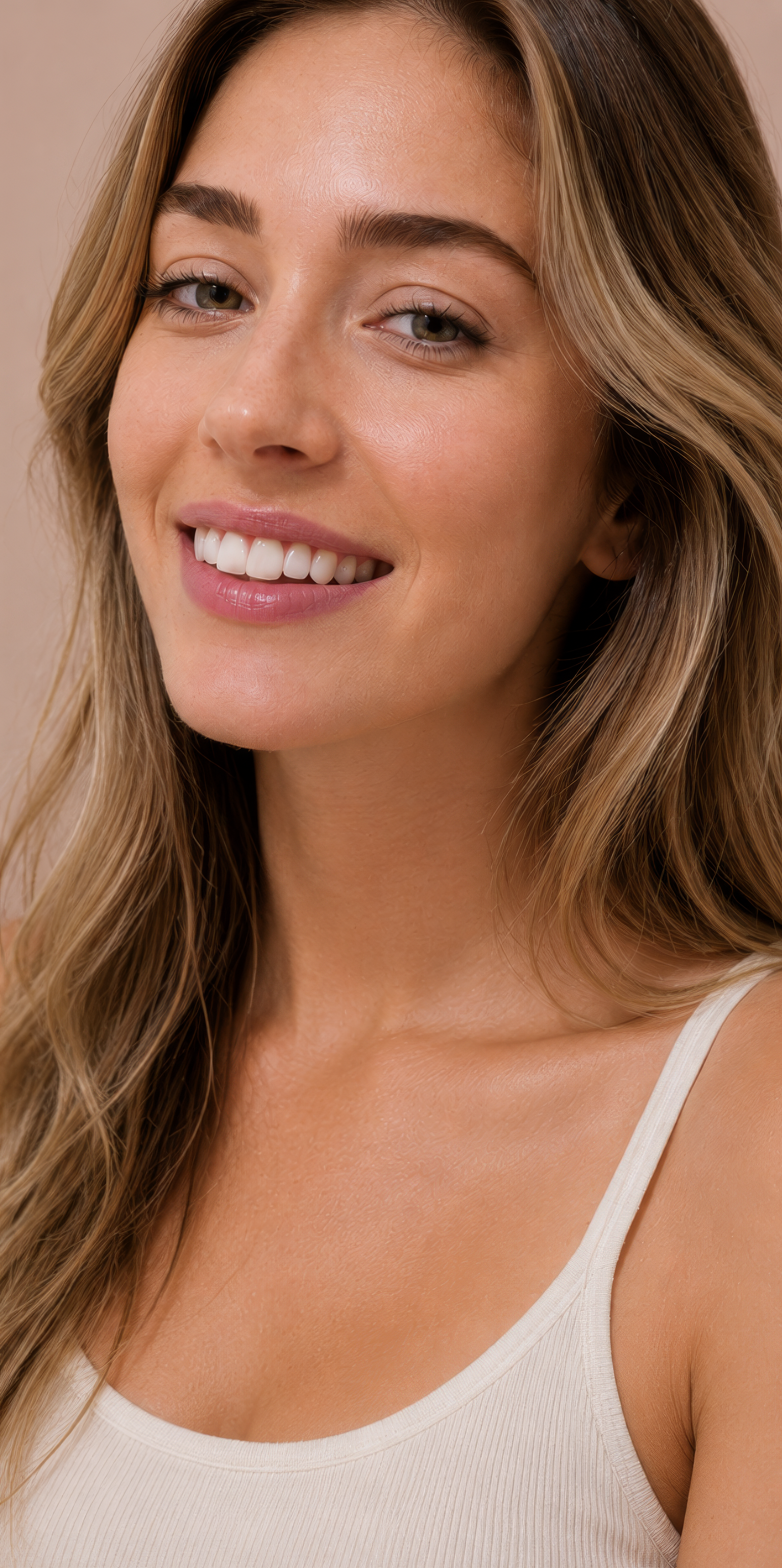 A close-up photograph of a smiling woman with long blonde hair, wearing a white ribbed tank top.