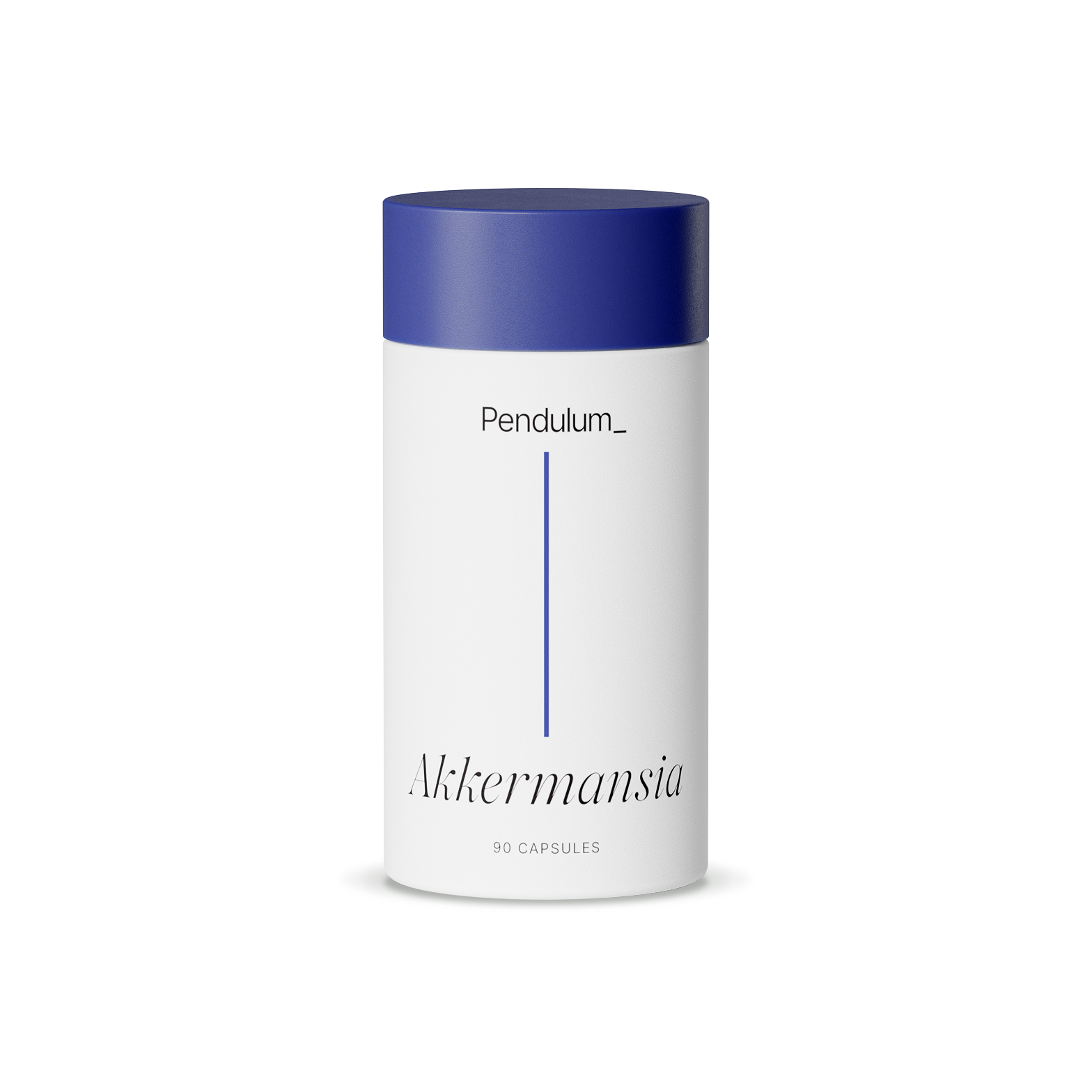 White container with blue lid labeled 'Pendulum Akkermansia' on marble surface.