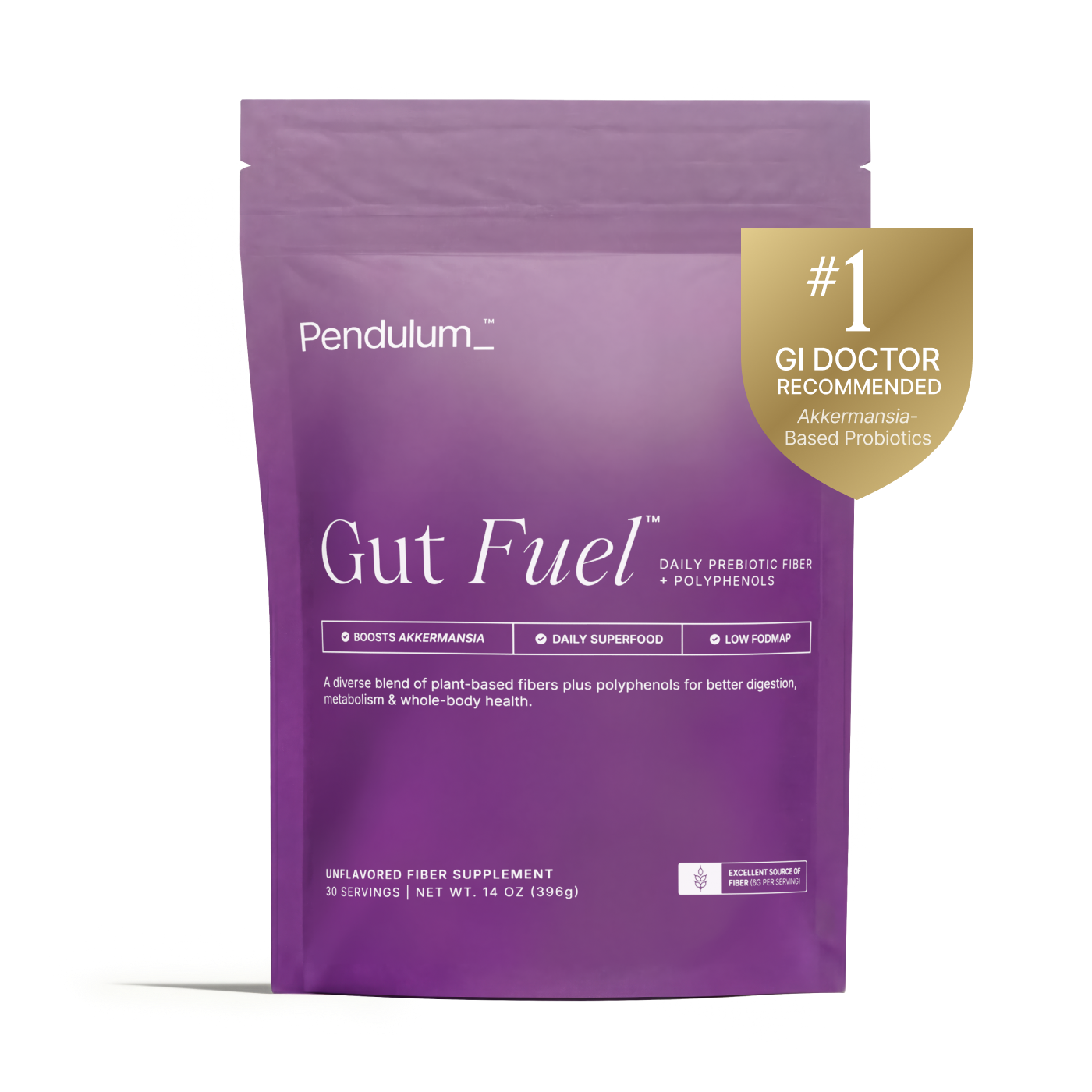 A purple pouch of Pendulum Gut Fuel, a daily prebiotic fiber and polyphenol supplement, on a white background.