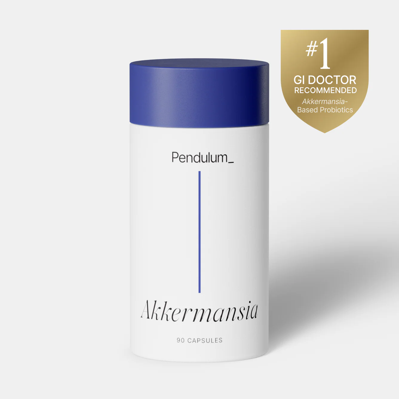 A white bottle of Pendulum Akkermansia capsules with a blue cap and a #1 GI Doctor Recommended badge.