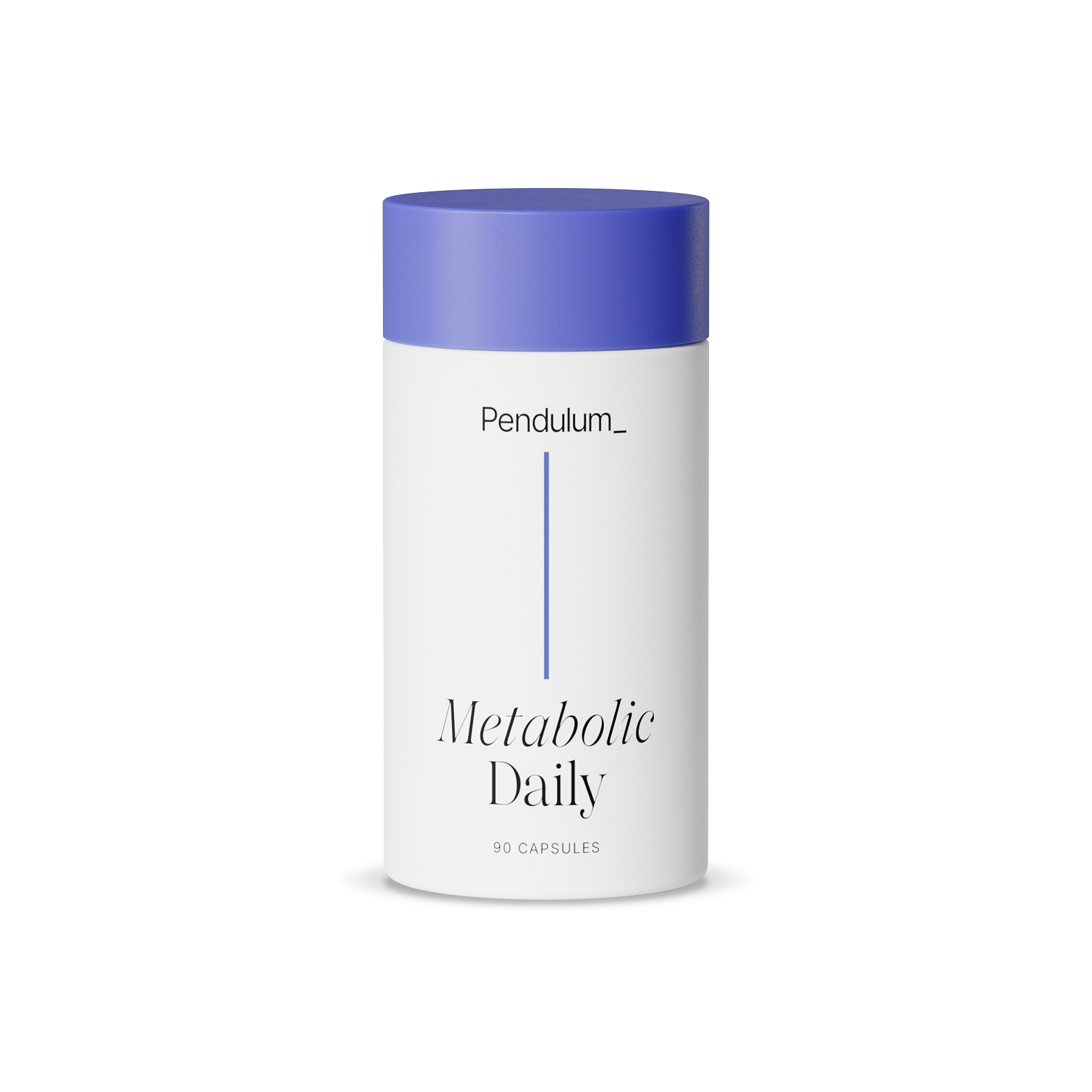 White bottle with purple cap labeled 'Pendulum Metabolic Daily'.