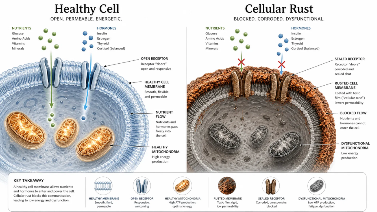 Cell Membrane Comparison Diagram: Healthy Cell vs. Cellular Rust