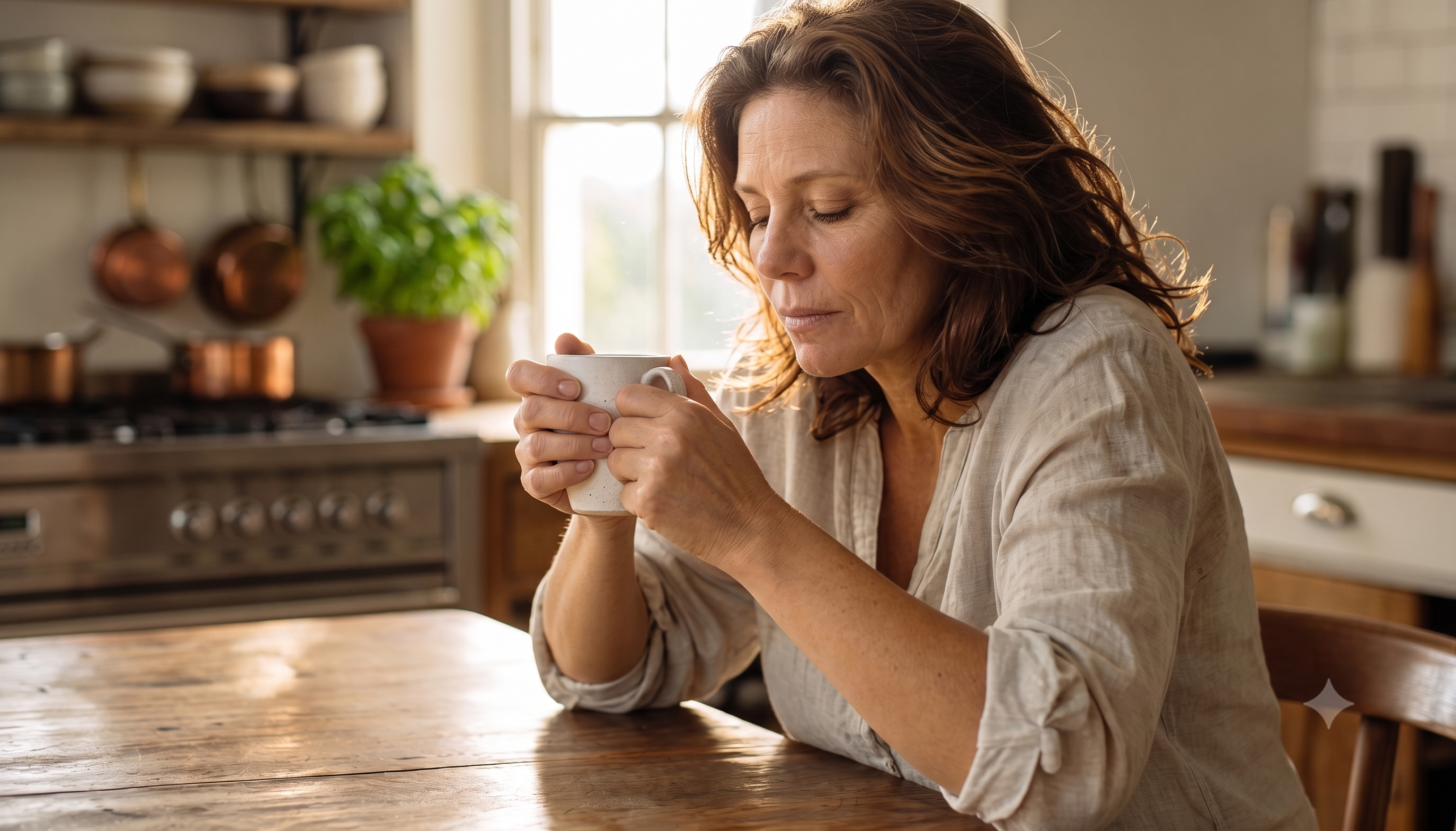 Tired woman sitting in kitchen with a warm mug