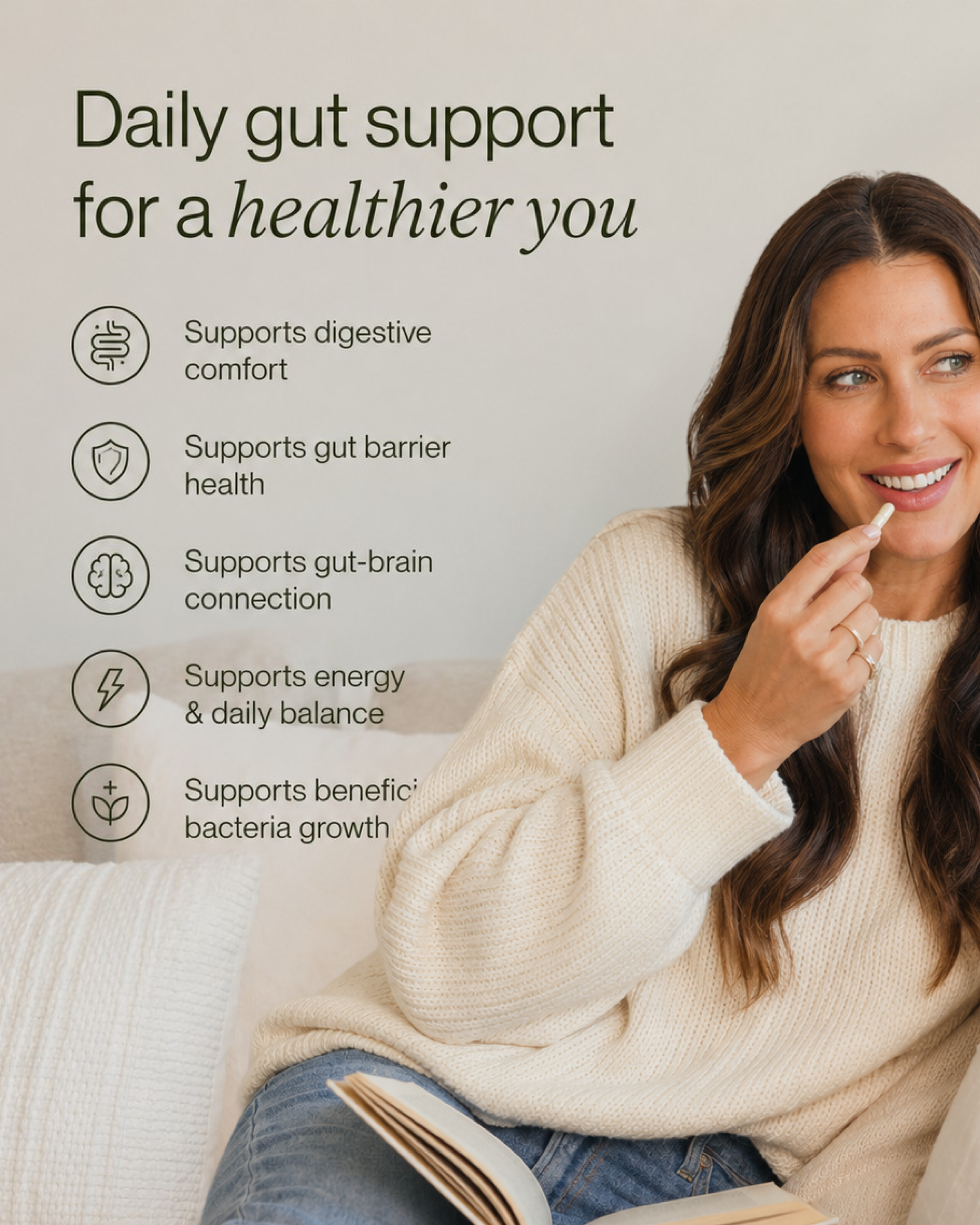 A smiling woman holds a supplement capsule to her mouth next to a list of gut health benefits.