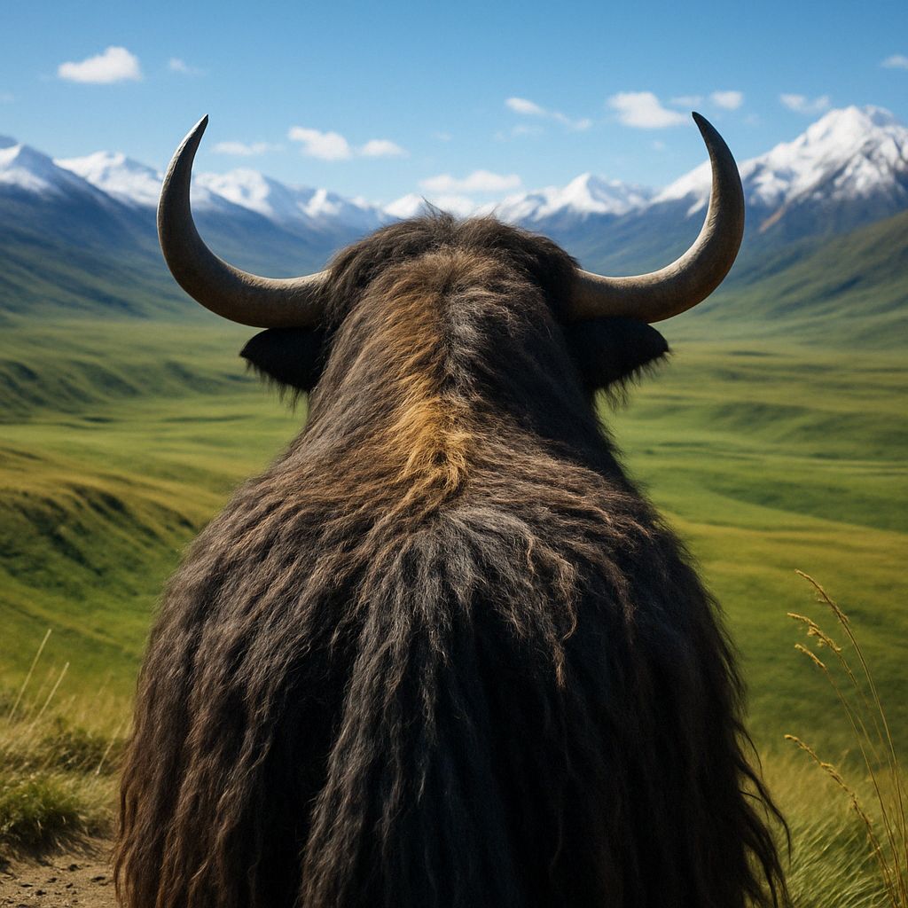 A yak with large horns overlooking a vast green valley and distant snowy mountains.
