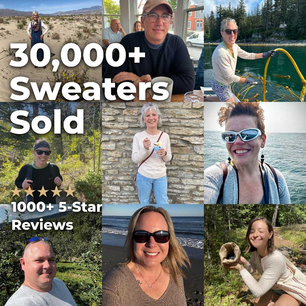A photo collage of smiling customers with text reading '30,000+ Sweaters Sold' and '1000+ 5-Star Reviews'.