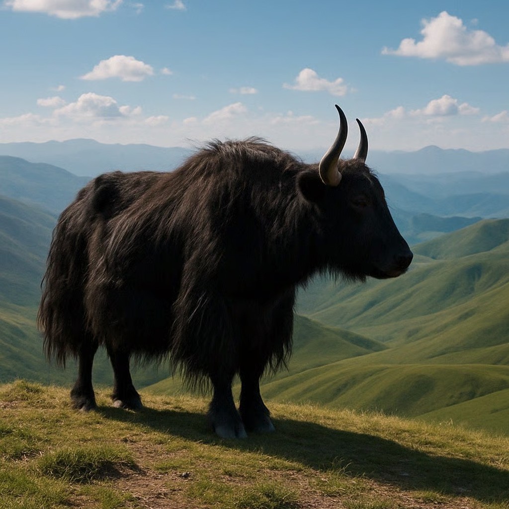 A yak standing on snowy terrain with mountains in the background. 