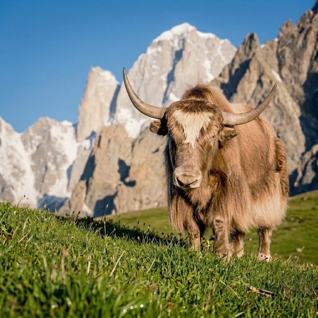 A brown yak with long horns stands on a grassy hill with snow-capped mountains in the background.
