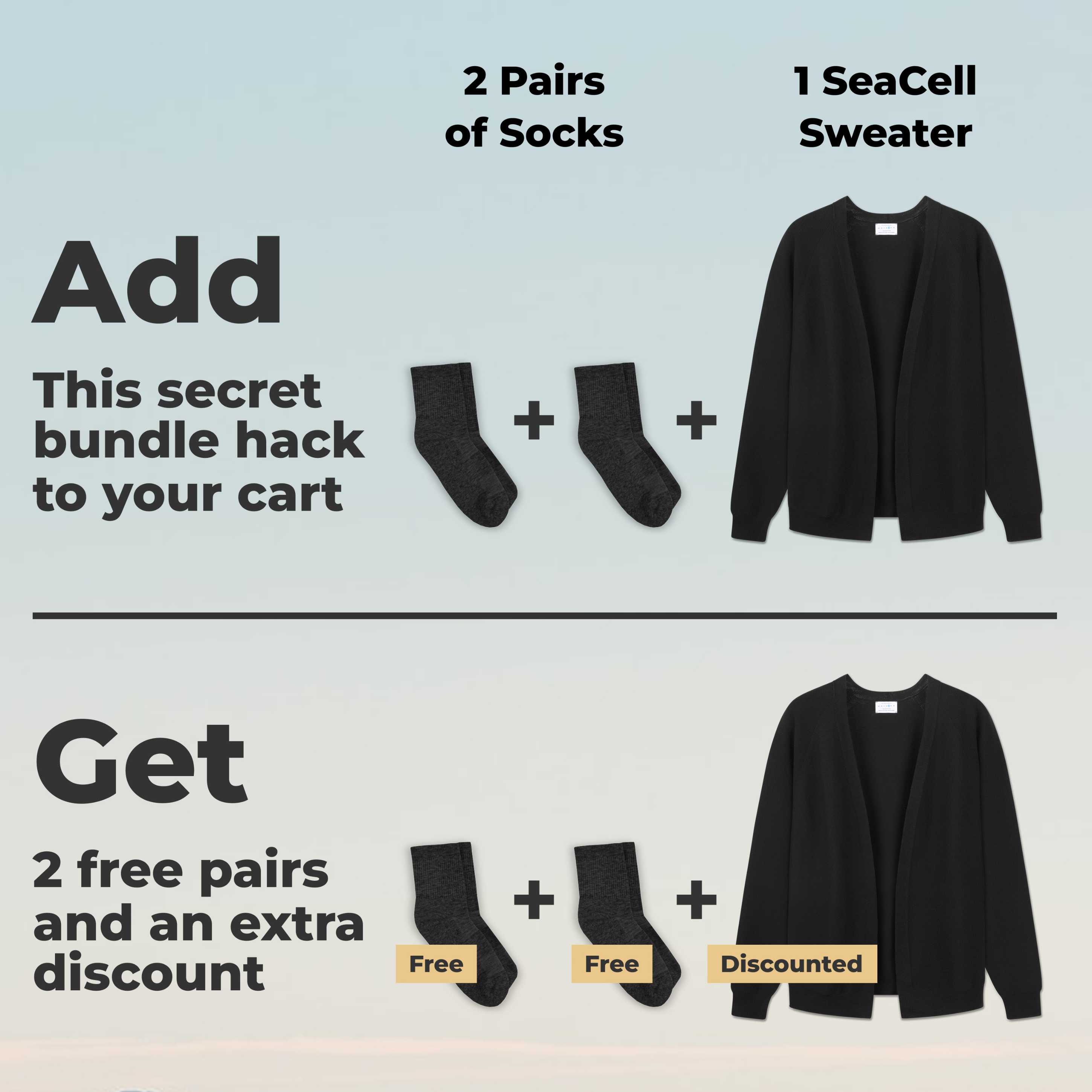 An advertisement for a bundle deal involving two pairs of socks and a black sweater for a discount.