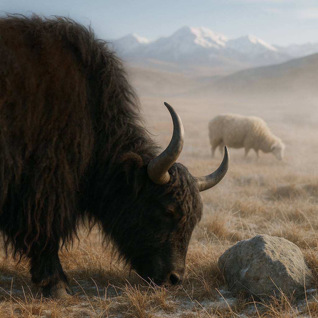 Yak grazing in a misty field with a sheep in the background and snowy mountains.