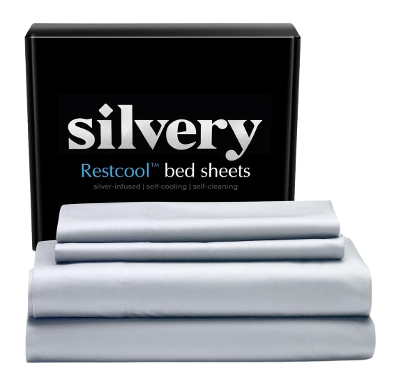 Silver bedding set in front of black 'silvery' branded box.