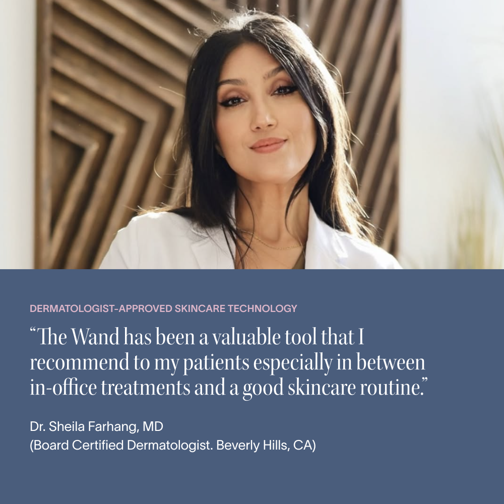Woman in white coat with text about skincare endorsement.