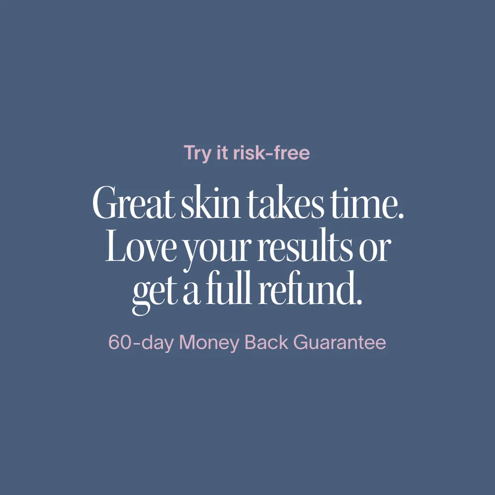 Text on blue background offering a 60-day money-back guarantee for skincare.