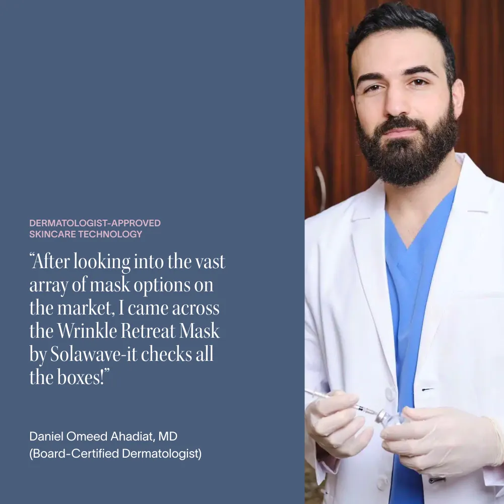 Dermatologist in white coat holding a syringe next to a skincare testimonial.
