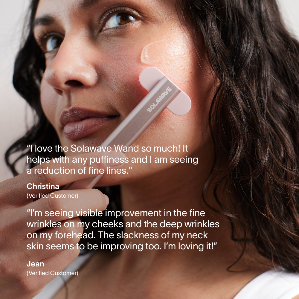 A person using a Solawave skincare wand on their face with positive testimonials displayed.
