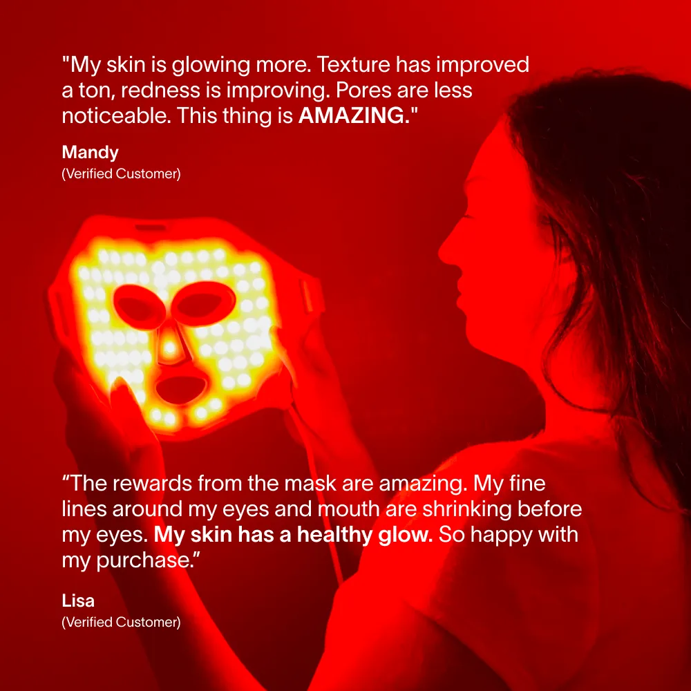 Person holding light therapy mask with customer testimonials.