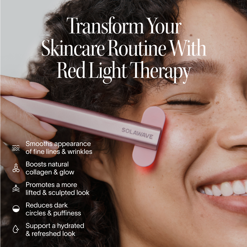 Person using Solawave red light therapy device on face, with text about skincare benefits.