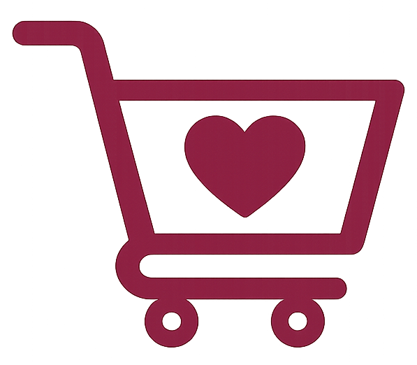 A maroon icon of a shopping cart with a heart in the center.