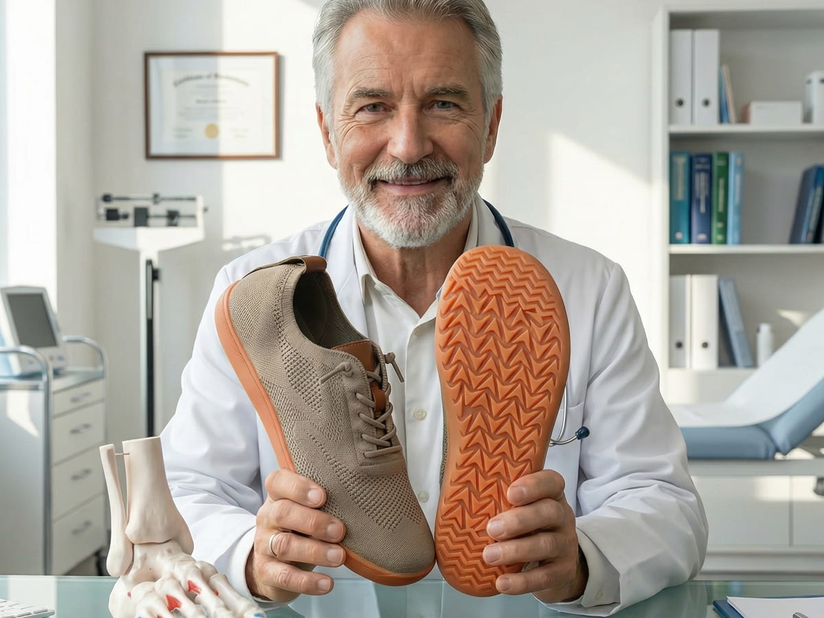A smiling doctor in his office holds up a pair of tan and orange sneakers.