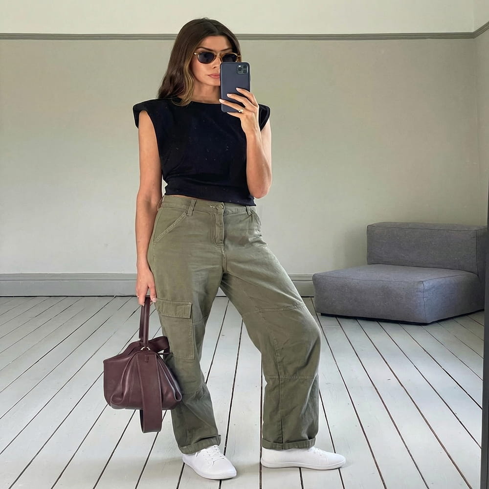 A woman in a black sleeveless top and green cargo pants takes a mirror selfie.