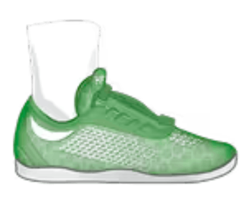 An illustration of a green athletic shoe with a white sole and a white sock.