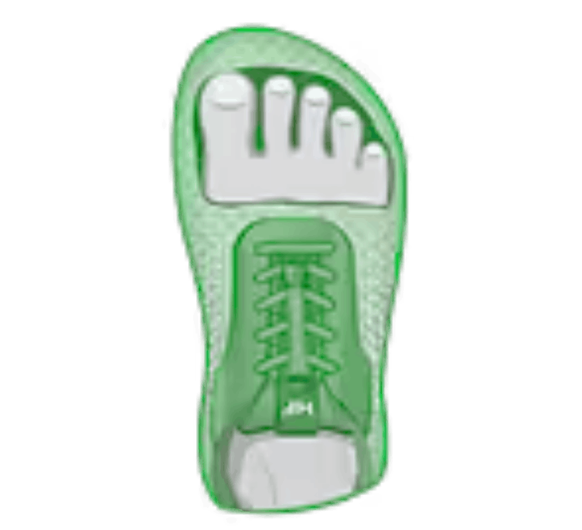 An illustration of a foot inside the outline of a green shoe, seen from above.