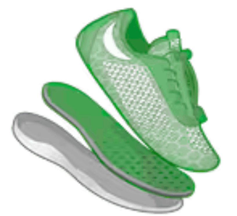 An illustration of a green mesh sneaker with its insole removed and displayed below it.