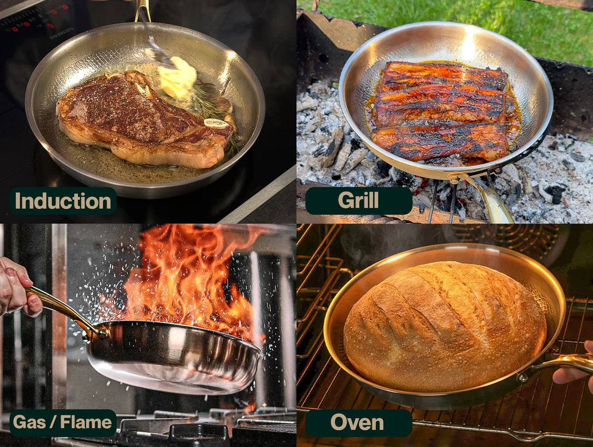 A collage showing a pan being used on an induction cooktop, a grill, a gas flame, and in an oven.