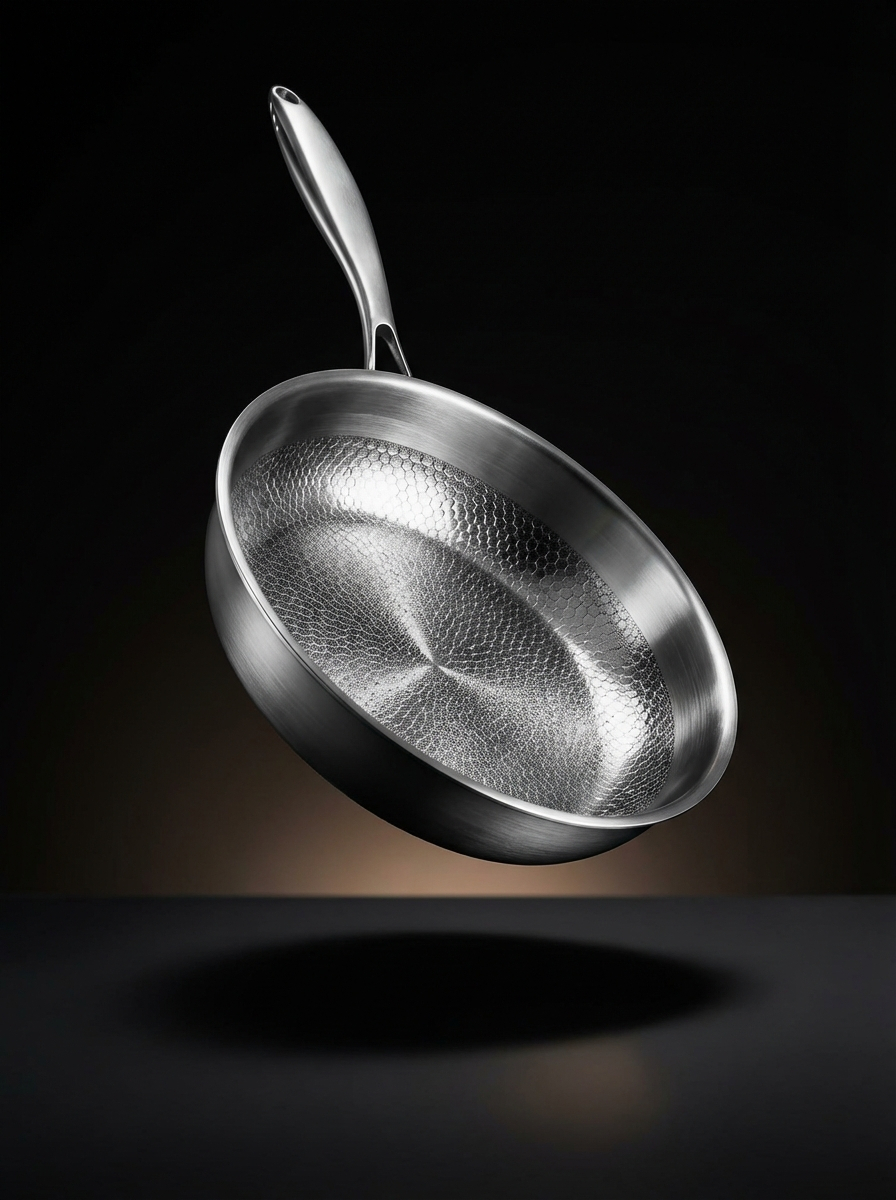 A stainless steel frying pan with a honeycomb-textured interior floating against a dark background.