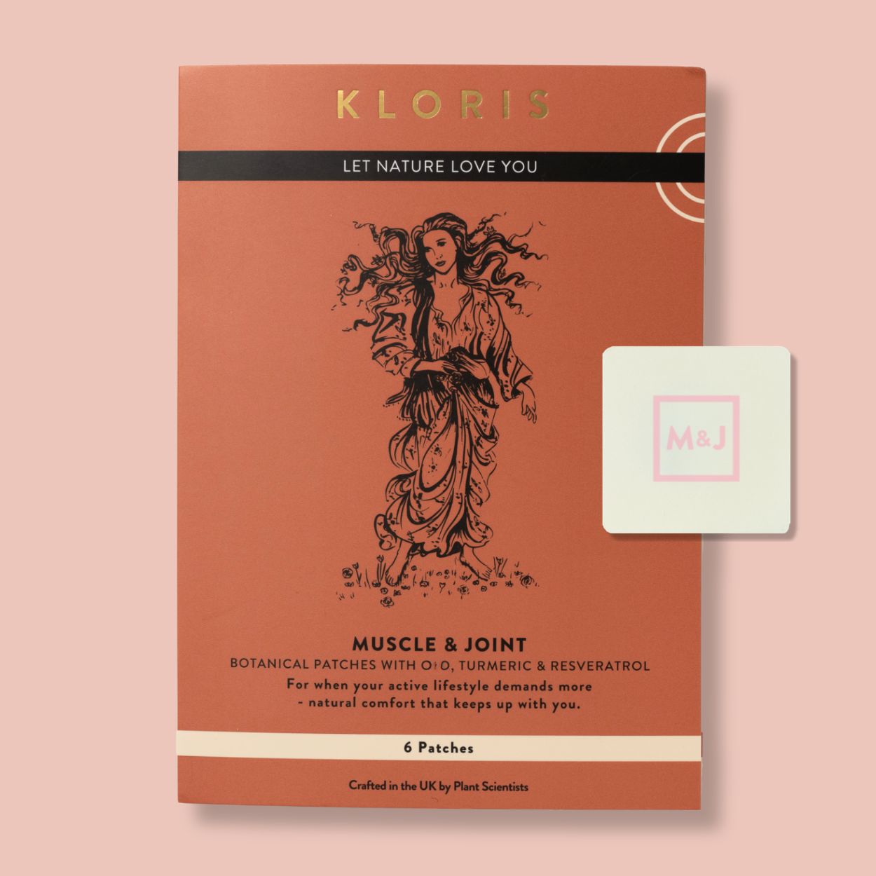 A rust-colored box for Kloris Muscle & Joint botanical patches, with one patch shown beside it.