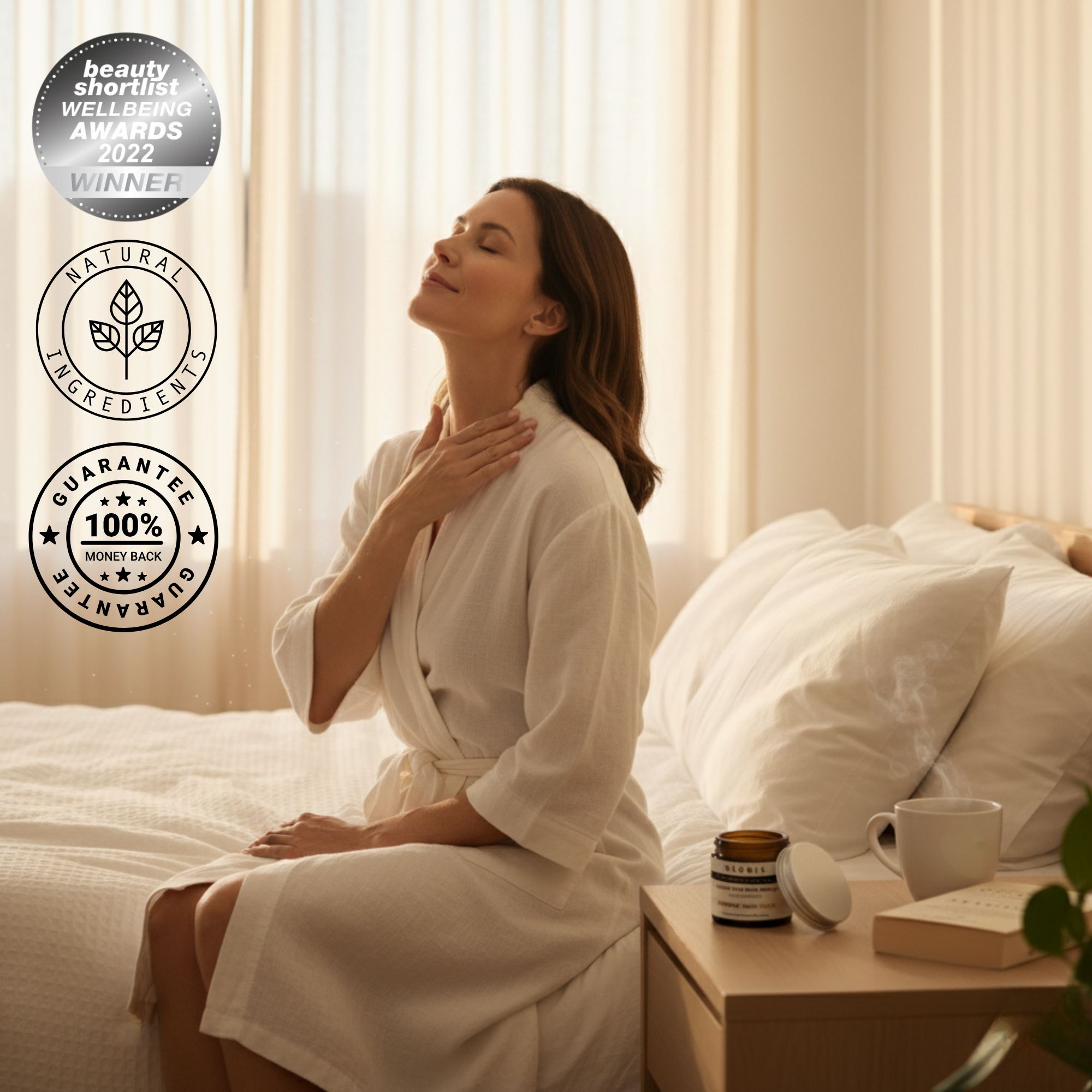 Woman in a robe applying cream by a bed, with award badges visible.