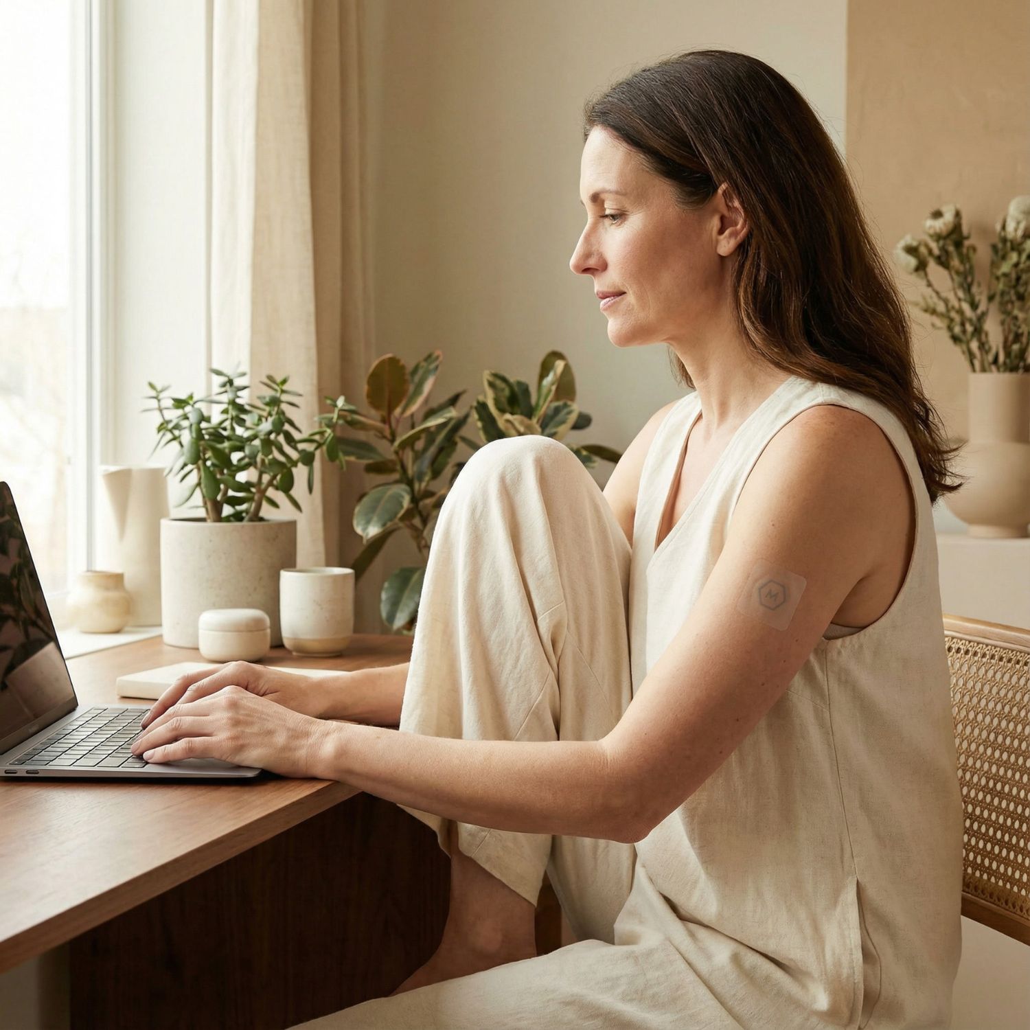 Woman sitting at a desk, using a laptop, with plants in the background.