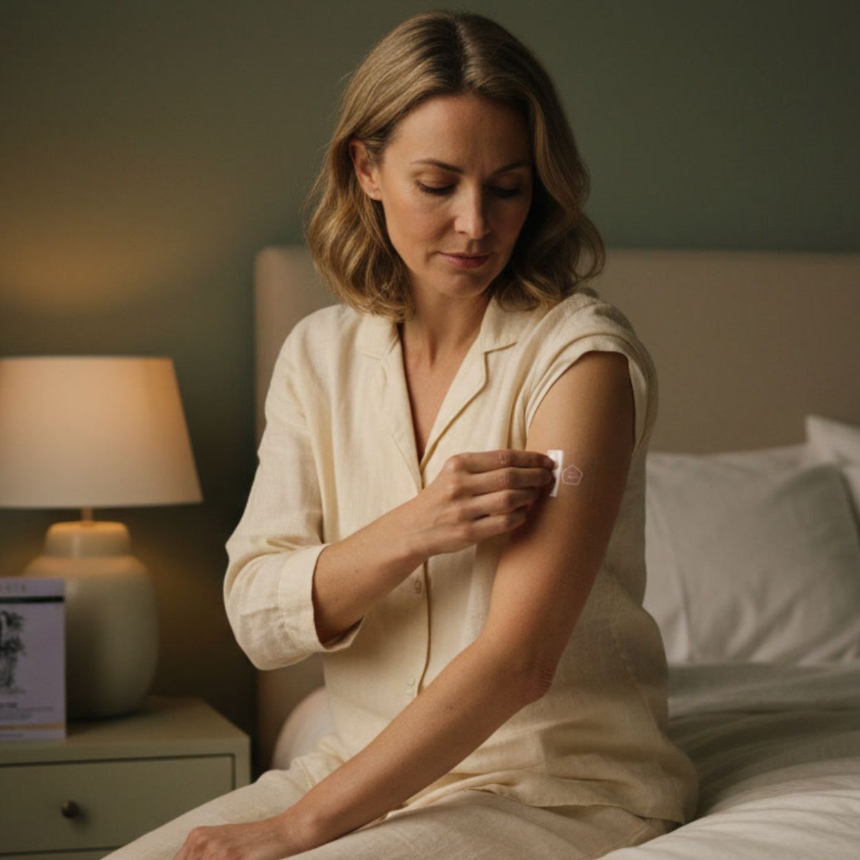 A woman in pajamas sits on a bed and applies a small patch to her upper arm.