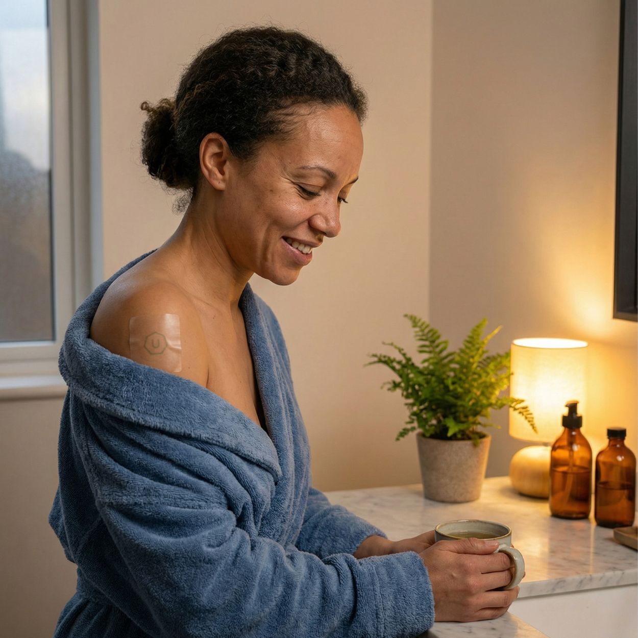 A smiling woman in a blue robe with a patch on her shoulder holds a mug.