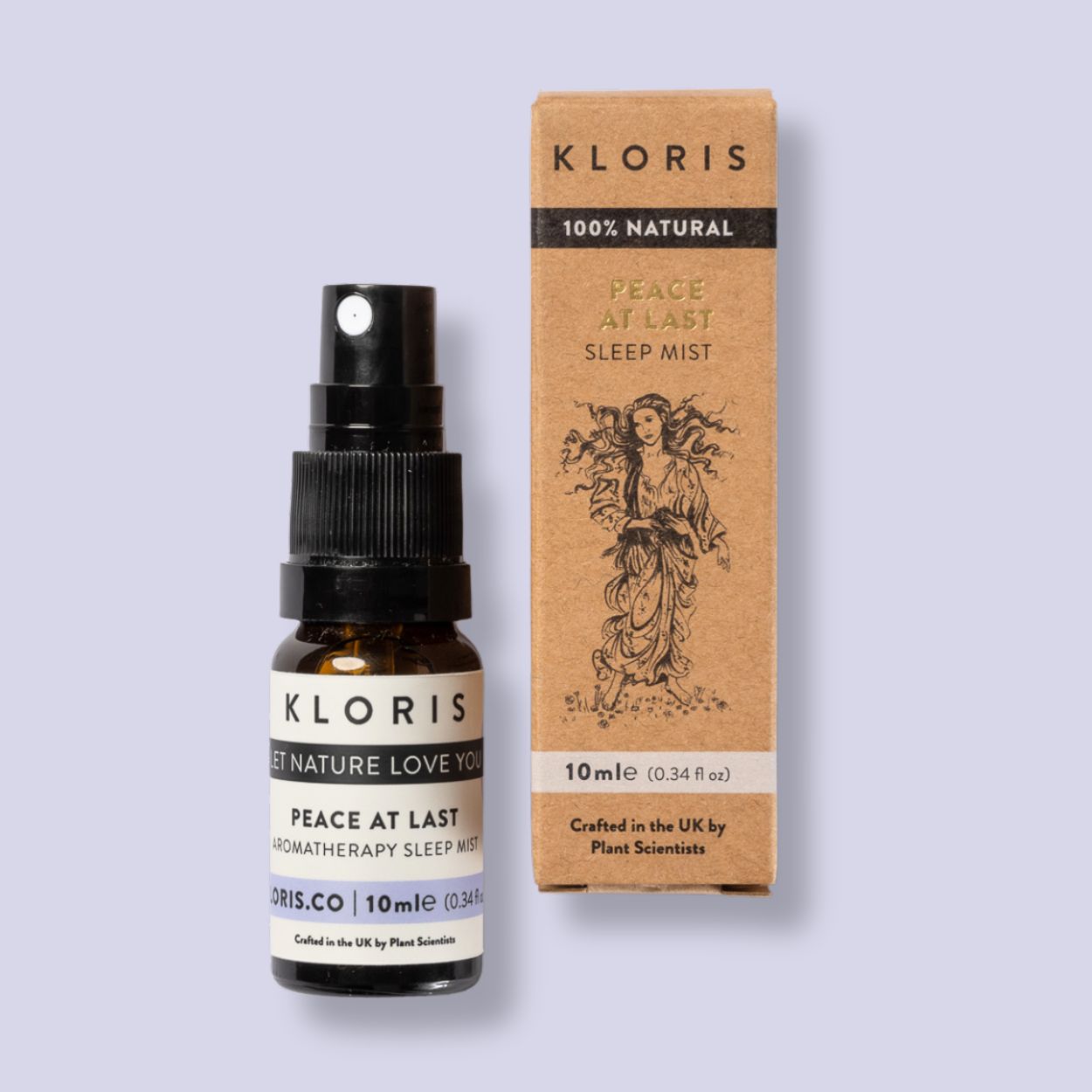 A bottle of Kloris Peace At Last Aromatherapy Sleep Mist stands next to its cardboard packaging.