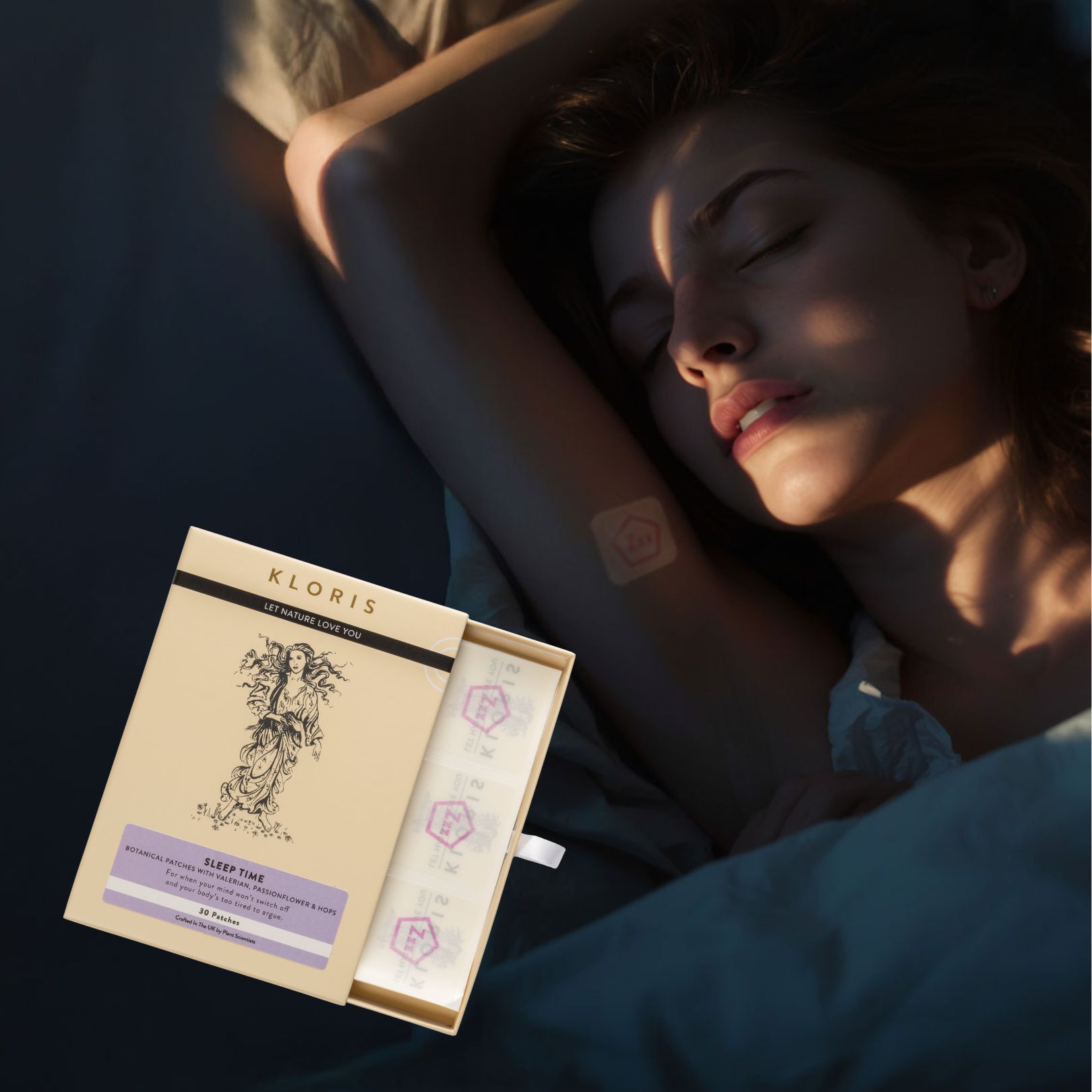 Woman sleeping with a patch on her arm, next to a box labeled 'KLORIS Sleep Time.'
