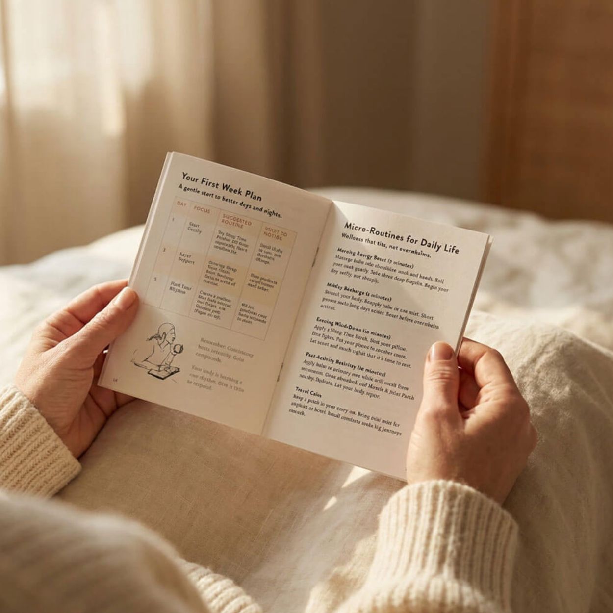 A person in a cream sweater holds open a small book about daily routines while sitting on a bed.