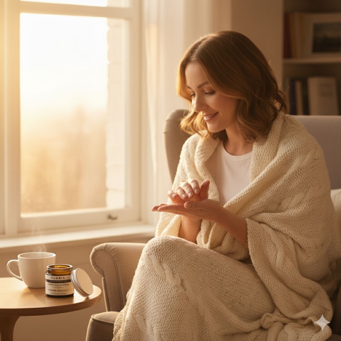 Woman in cozy blanket applying cream by window, cup on table.