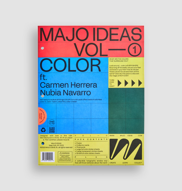 Colorful magazine cover titled 'MAJO IDEAS VOL 1' featuring Carmen Herrera and Nubia Navarro.