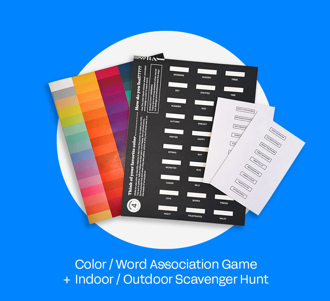 Color and word association game materials on a blue background.