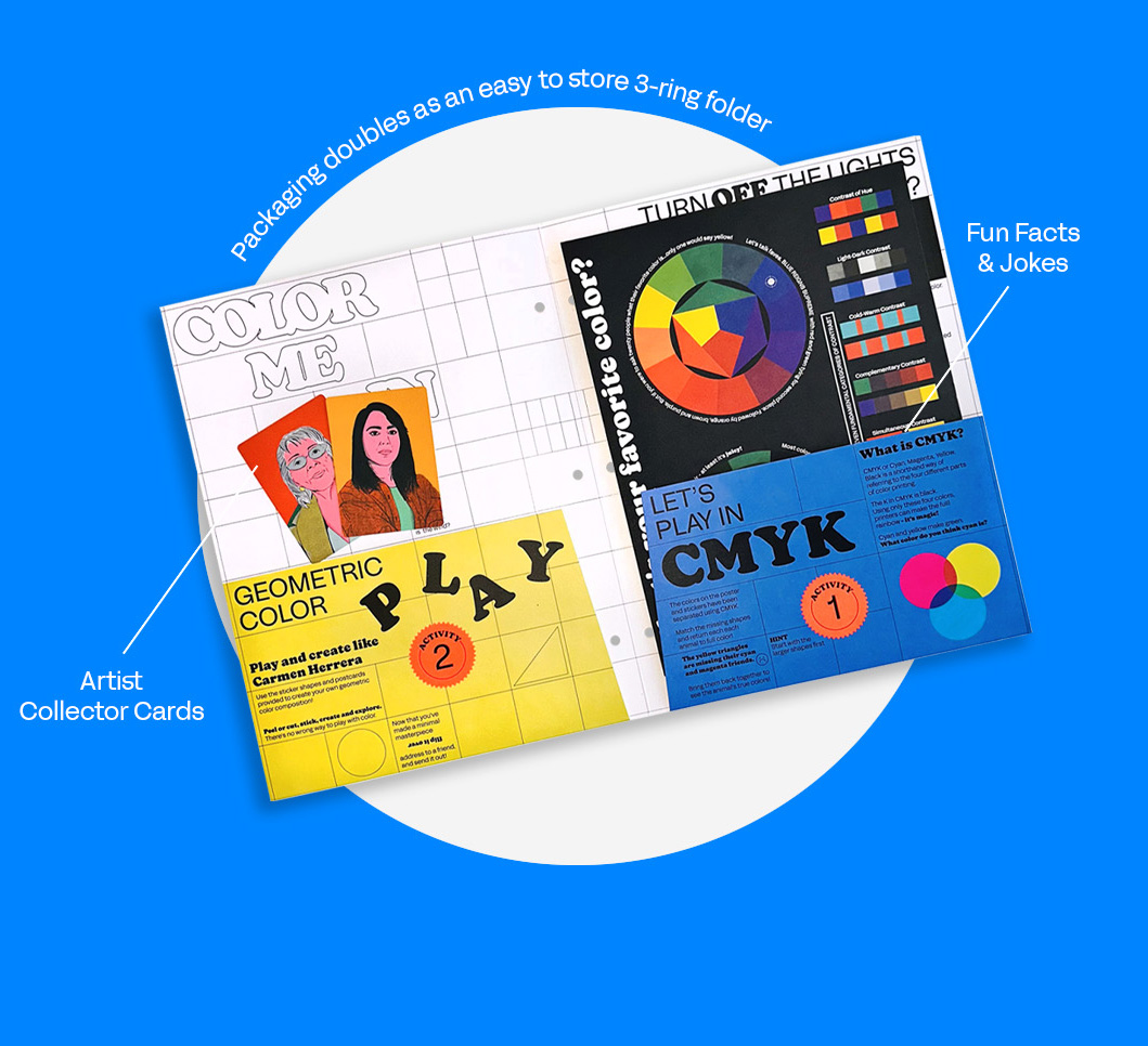 Colorful educational booklet with color wheel, CMYK information, and artist cards on a blue background.